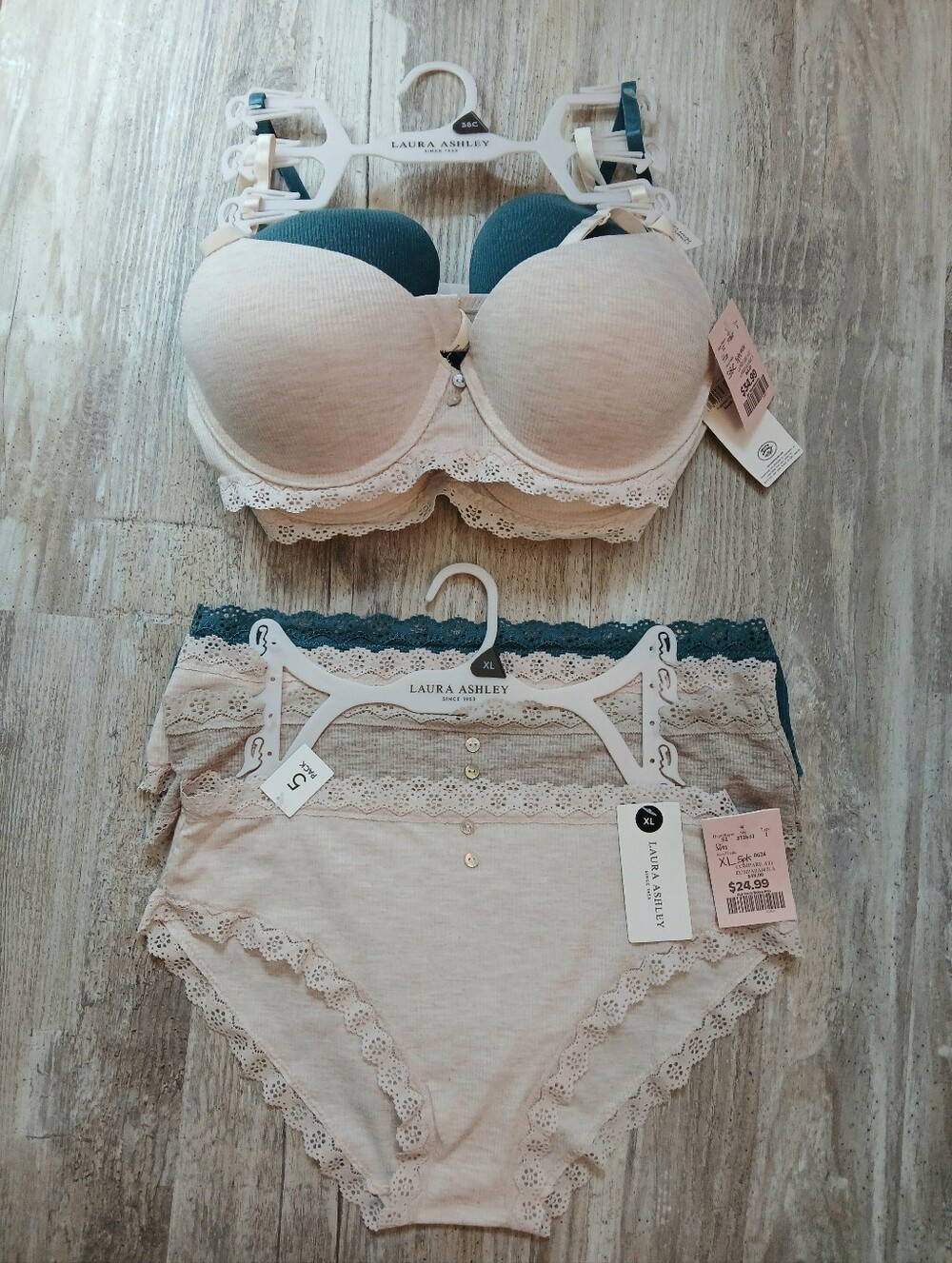 Laura Ashley NWT Lingerie Set 3 Bras 38C & Panties XL Ribbed Lace Pearl Button